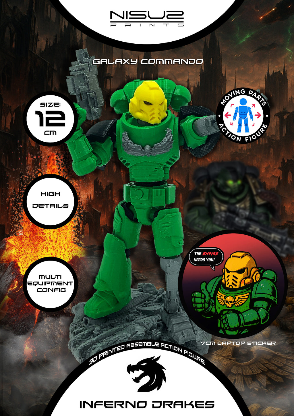 Inferno Drakes – Galaxy Commando
Custom 3D Printed Collectible Figure (FDM, PLA)